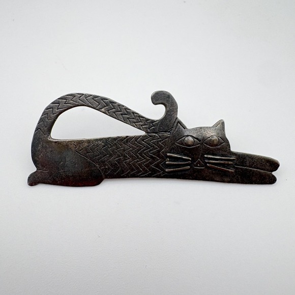 Source Unknown Jewelry - Vintage Sterling Silver 925 Stretching Cat Brooch Pin Figural Animal Signed